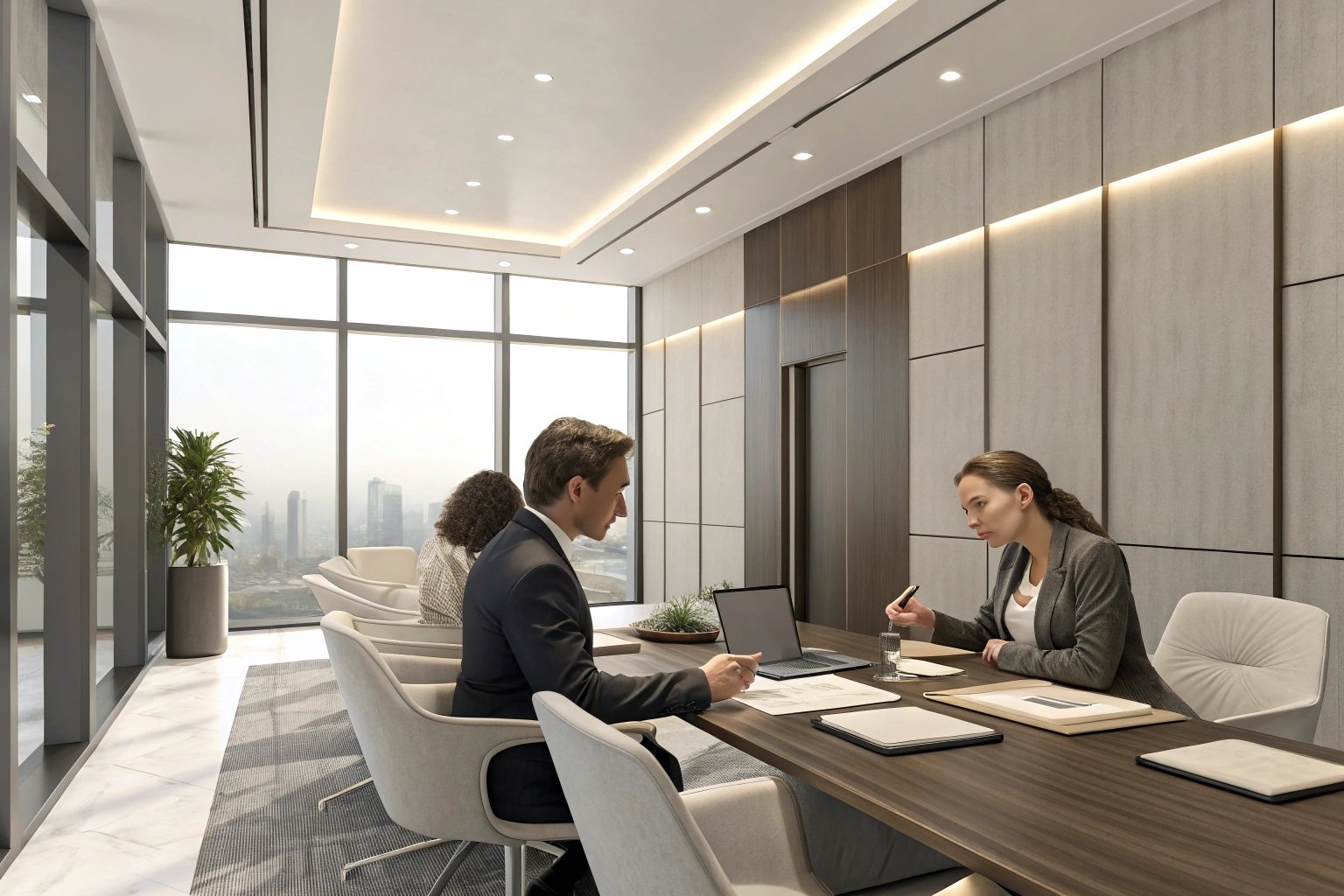 Business meeting in modern conference room with city view